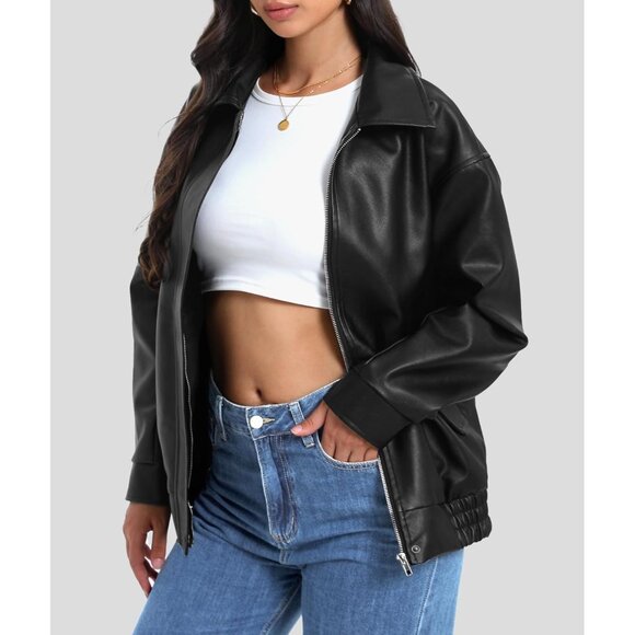 ⚡Women's Black Faux Leather Long Sleeve Zipper Oversized Motorcycle Jackets - Picture 7 of 7